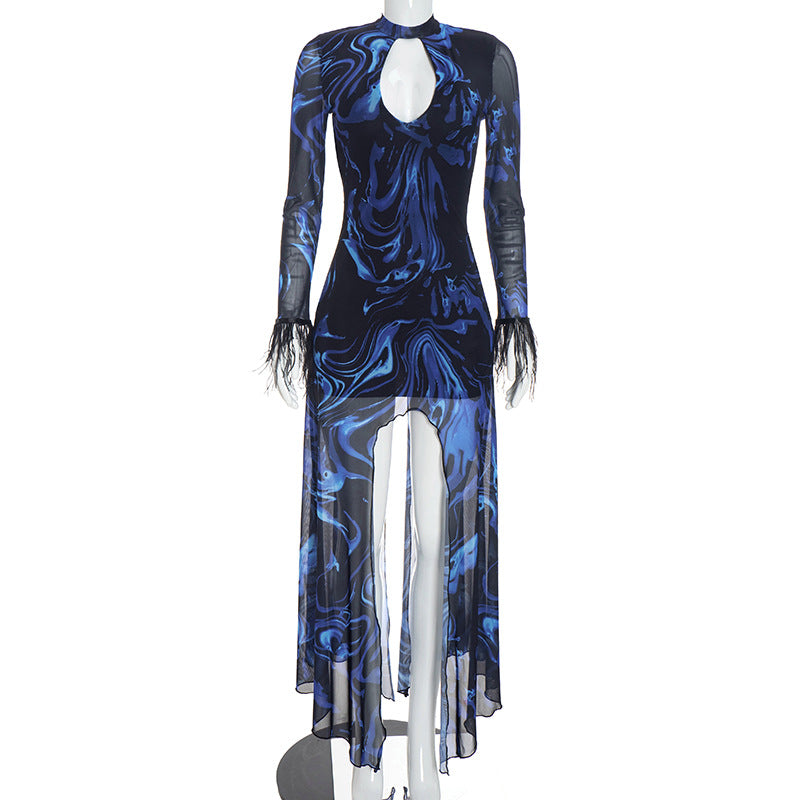 Marble Print Cutout Long Sleeve Maxi Dress Women