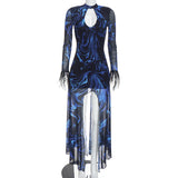 Marble Print Cutout Long Sleeve Maxi Dress Women