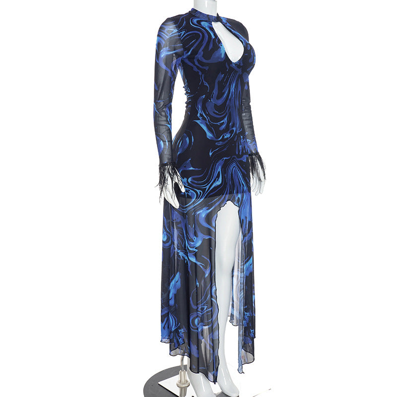 Marble Print Cutout Long Sleeve Maxi Dress Women