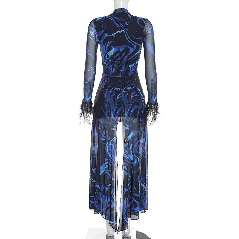 Marble Print Cutout Long Sleeve Maxi Dress Women