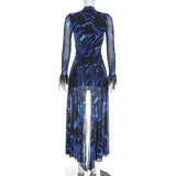 Marble Print Cutout Long Sleeve Maxi Dress Women