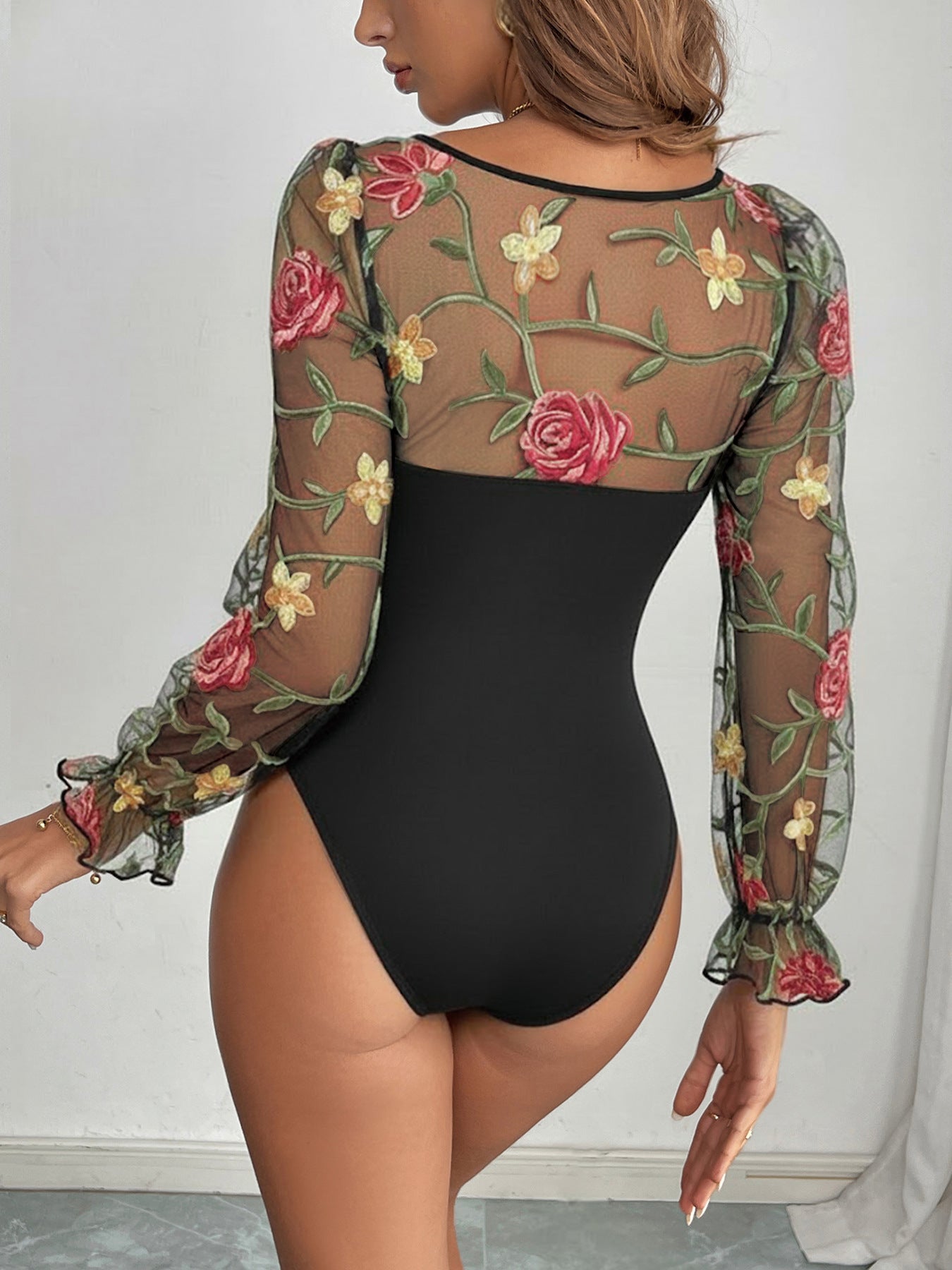 Women's Floral Mesh Sleeve Bodysuit