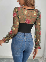Women's Floral Mesh Sleeve Bodysuit