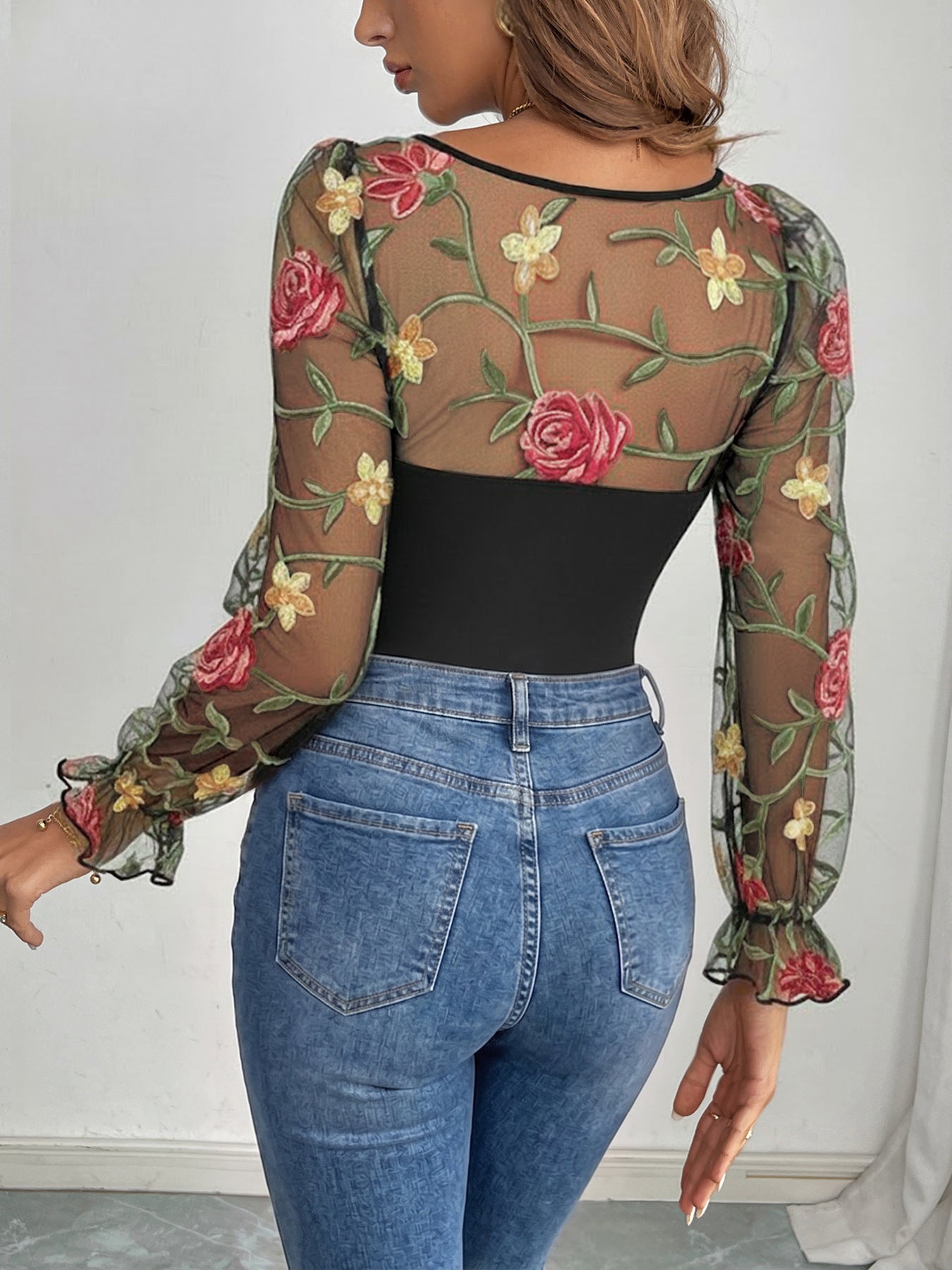 Women's Floral Mesh Sleeve Bodysuit