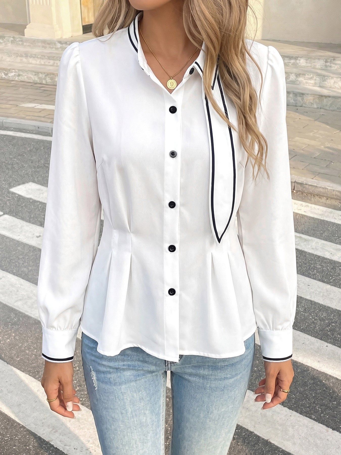Women's Button Front Tie Neck Blouse