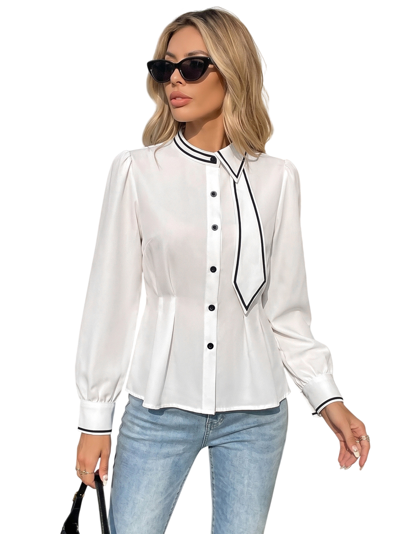Women's Button Front Tie Neck Blouse