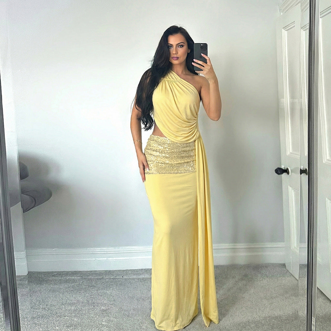 Women's One Shoulder Sequin Maxi Dress