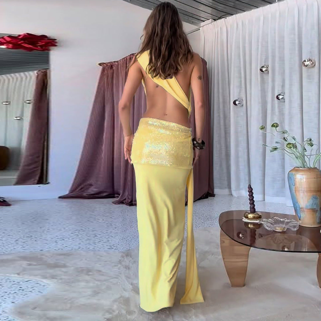 Women's One Shoulder Sequin Maxi Dress