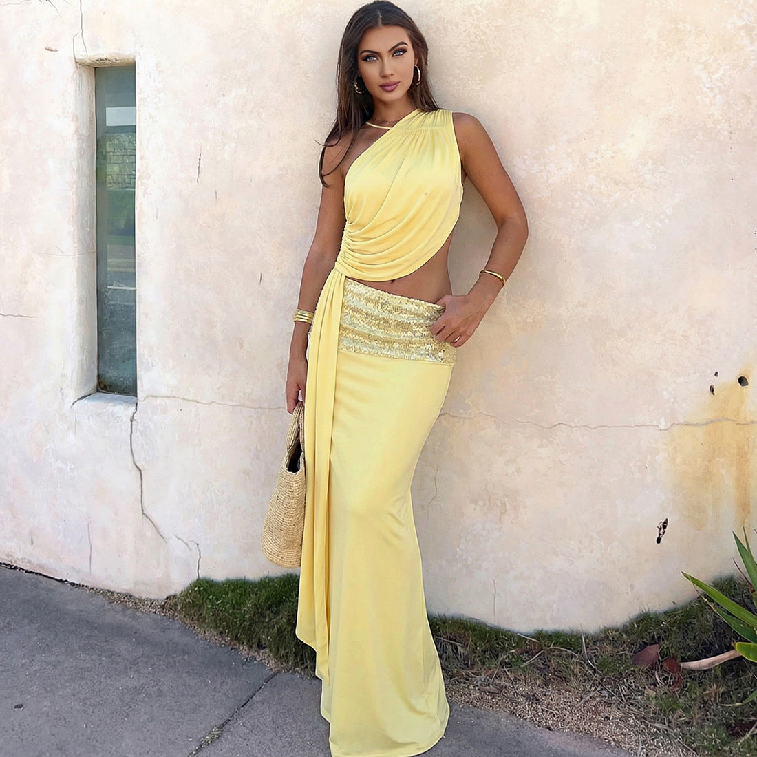 Women's One Shoulder Sequin Maxi Dress