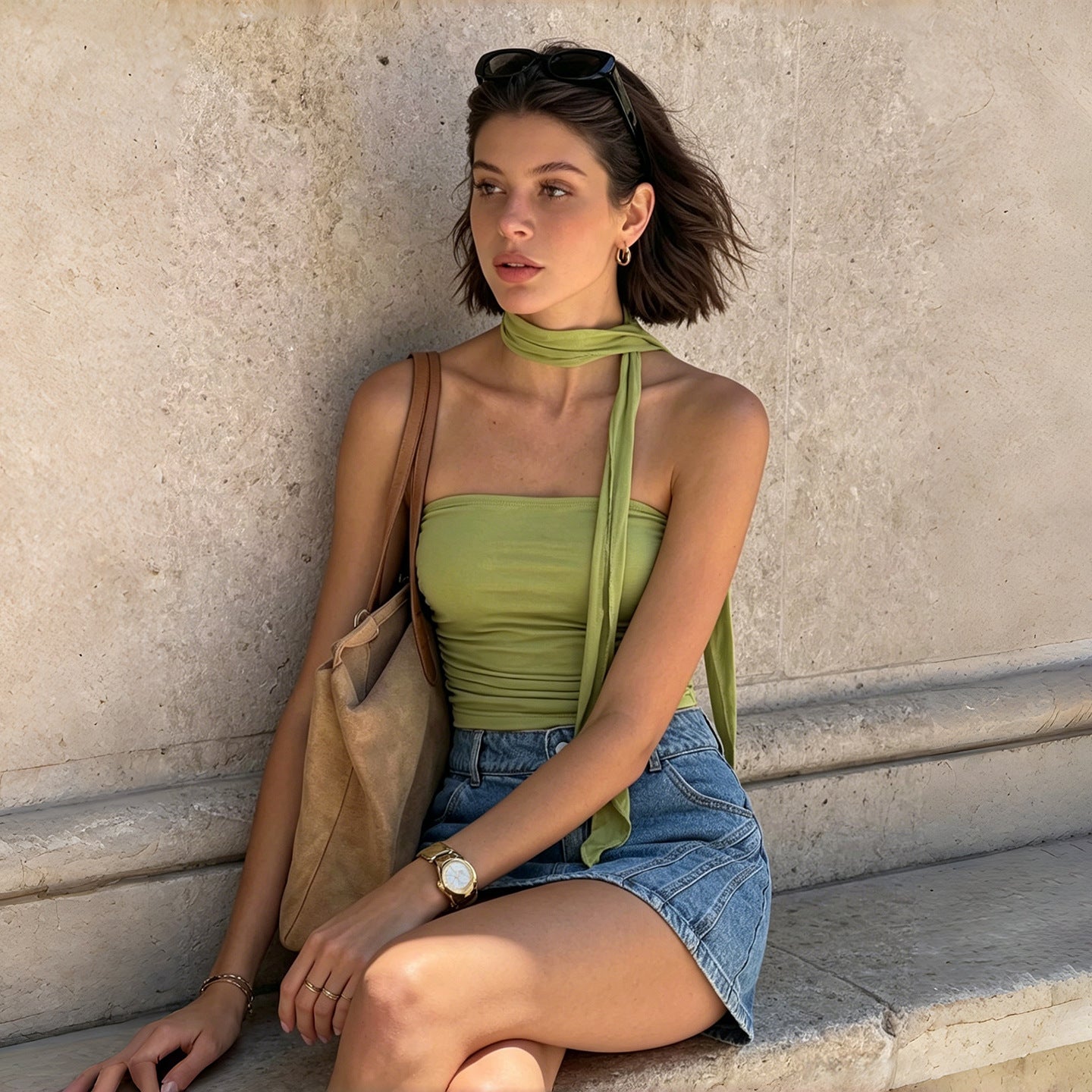 Ruched Strapless Tube Top With Scarf