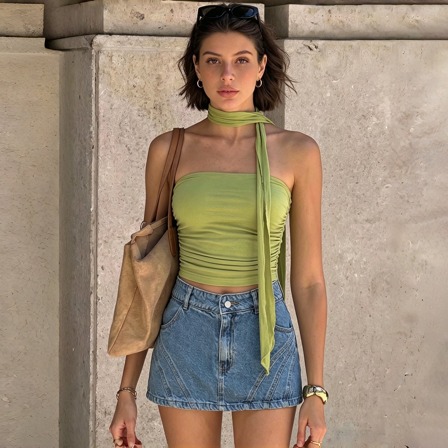 Ruched Strapless Tube Top With Scarf