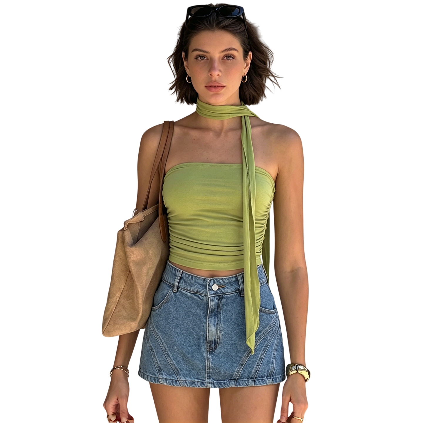 Ruched Strapless Tube Top With Scarf