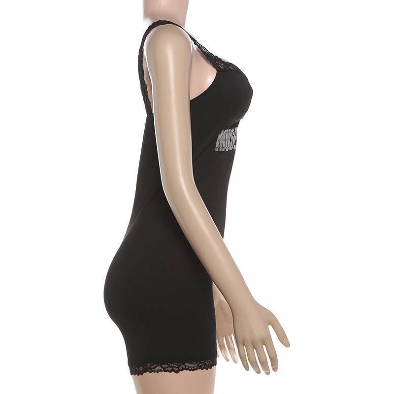 Muse Brnd Rhinestone Lace Trim Romper