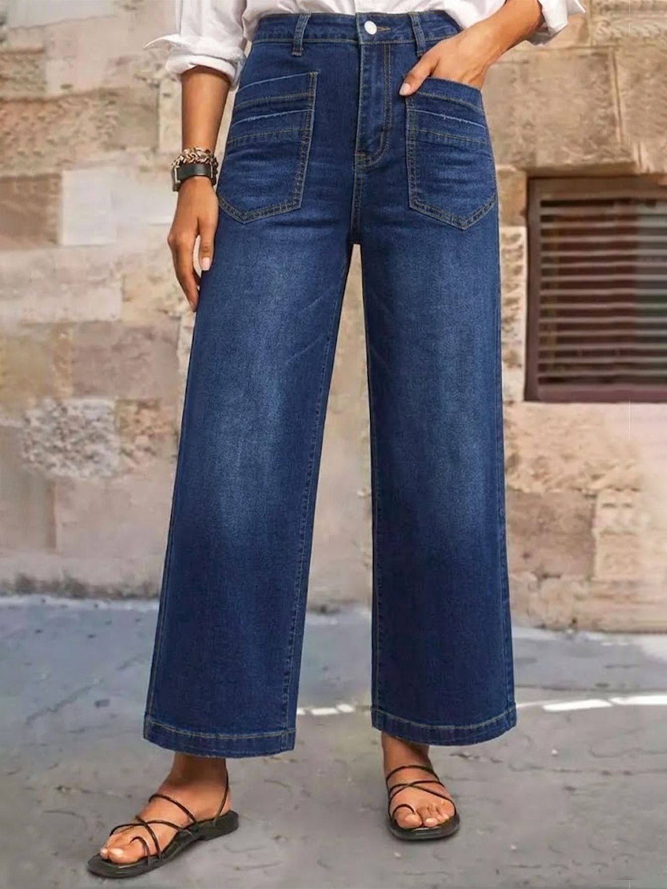High-Waist Wide-Leg Crop Jeans with Patch Pockets