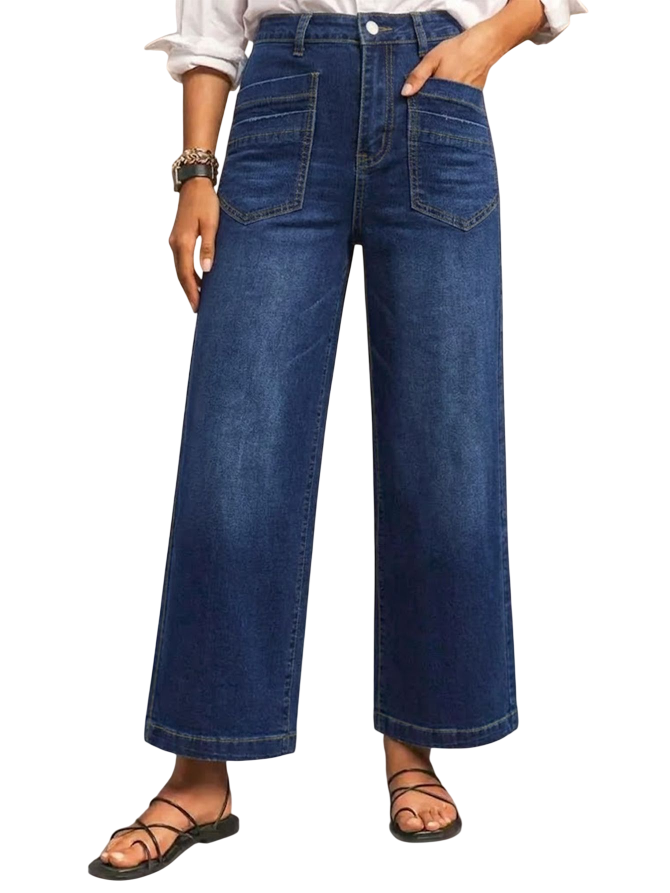 High-Waist Wide-Leg Crop Jeans with Patch Pockets