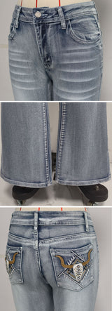Light Wash Flare Jeans with Whiskering & Fading