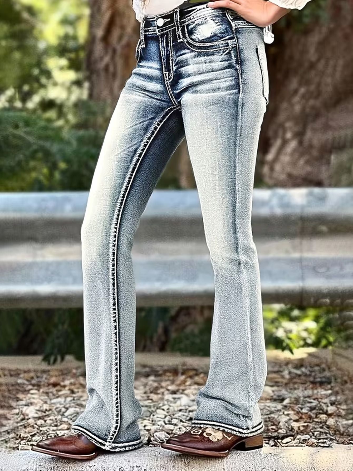 Light Wash Flare Jeans with Whiskering & Fading