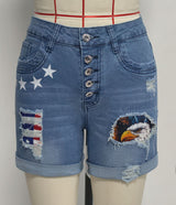 Patriotic Distressed Denim Shorts with Eagle Patch