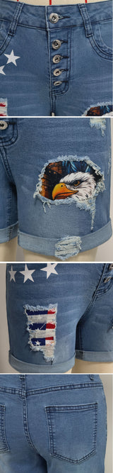 Patriotic Distressed Denim Shorts with Eagle Patch