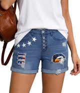 Patriotic Distressed Denim Shorts with Eagle Patch