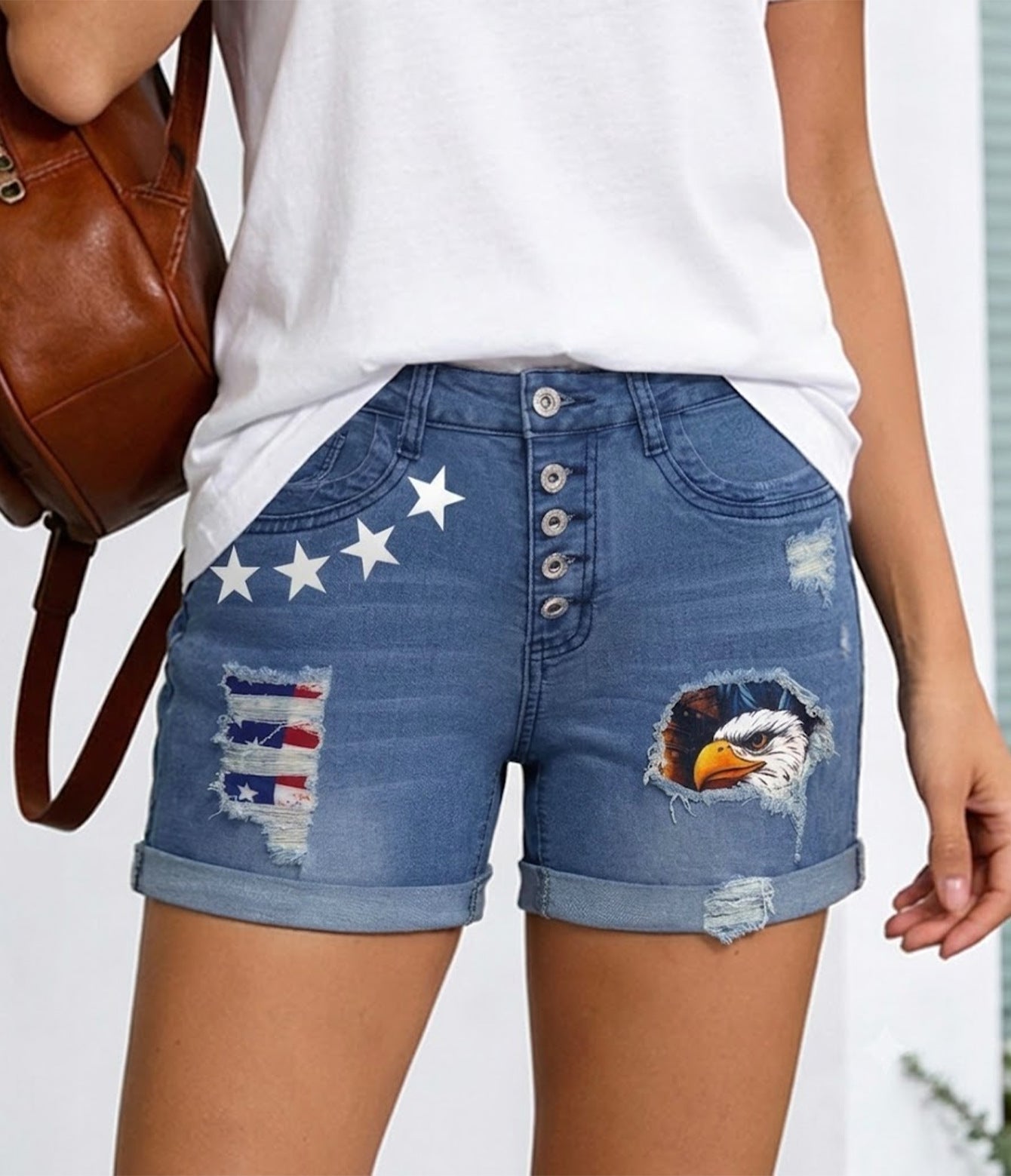 Patriotic Distressed Denim Shorts with Eagle Patch