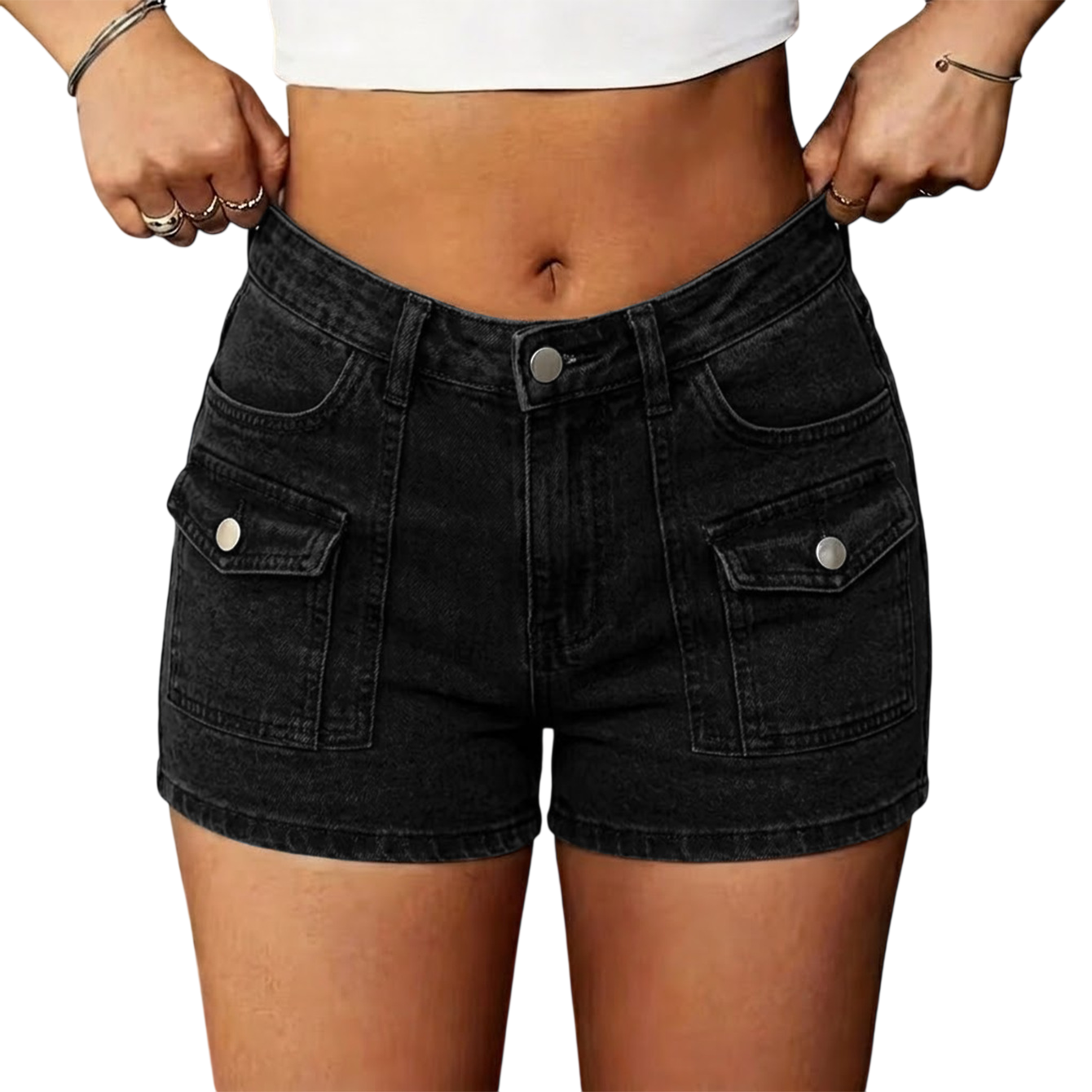 High-Waisted Black Denim Cargo Shorts with Flaps