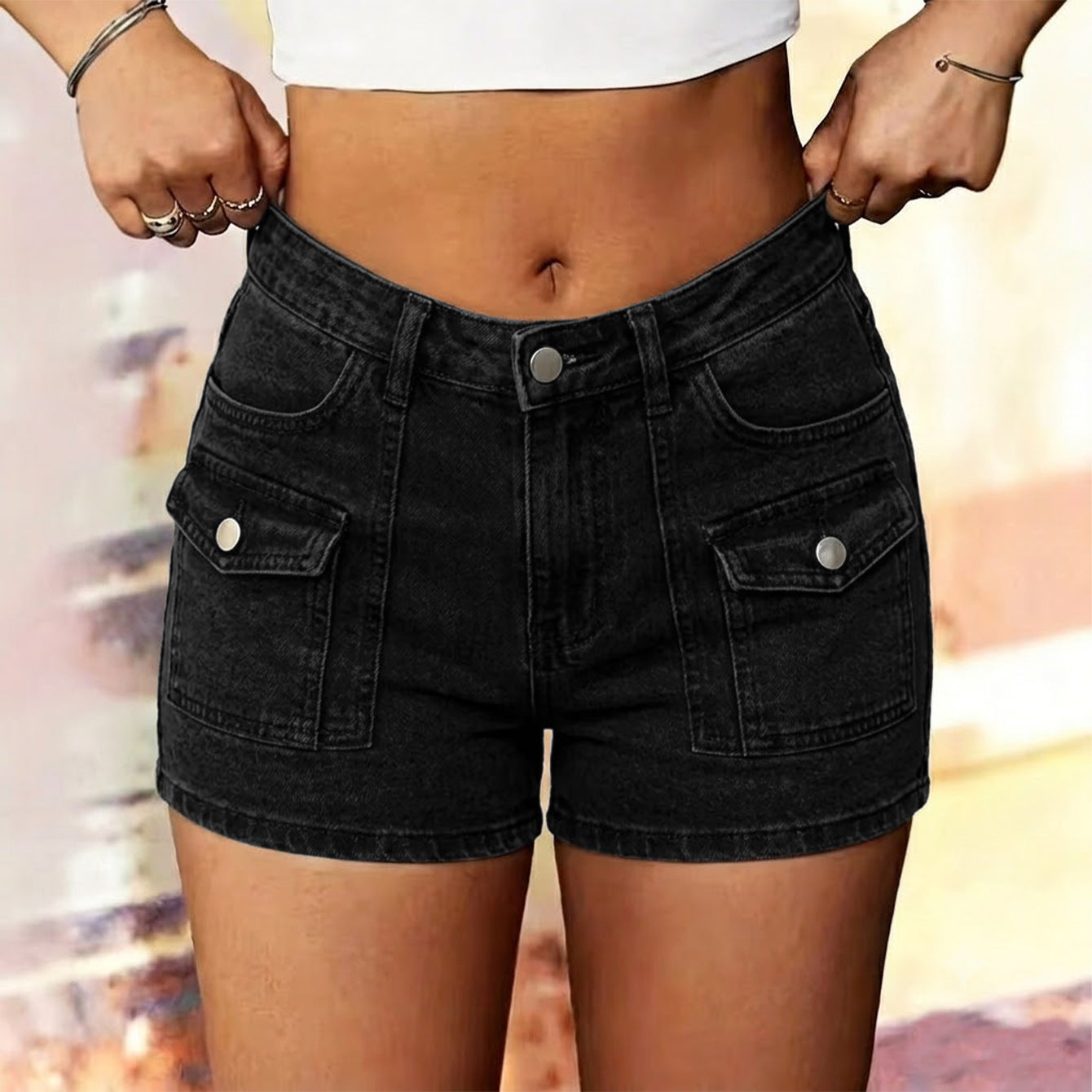 High-Waisted Black Denim Cargo Shorts with Flaps
