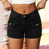 High-Waisted Black Denim Cargo Shorts with Flaps