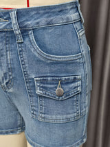 High-Waisted Black Denim Cargo Shorts with Flaps