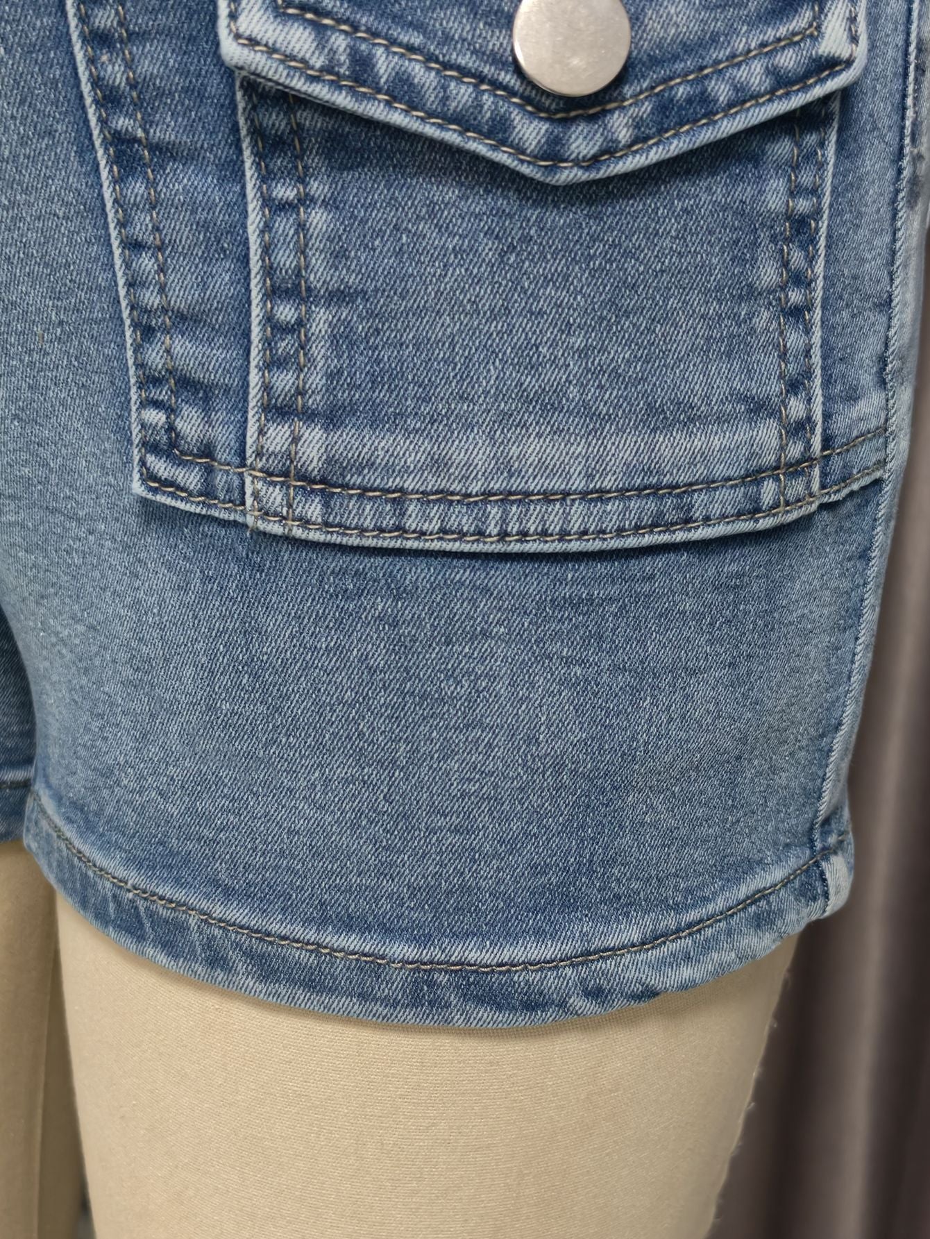 High-Waisted Black Denim Cargo Shorts with Flaps