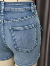 High-Waisted Black Denim Cargo Shorts with Flaps