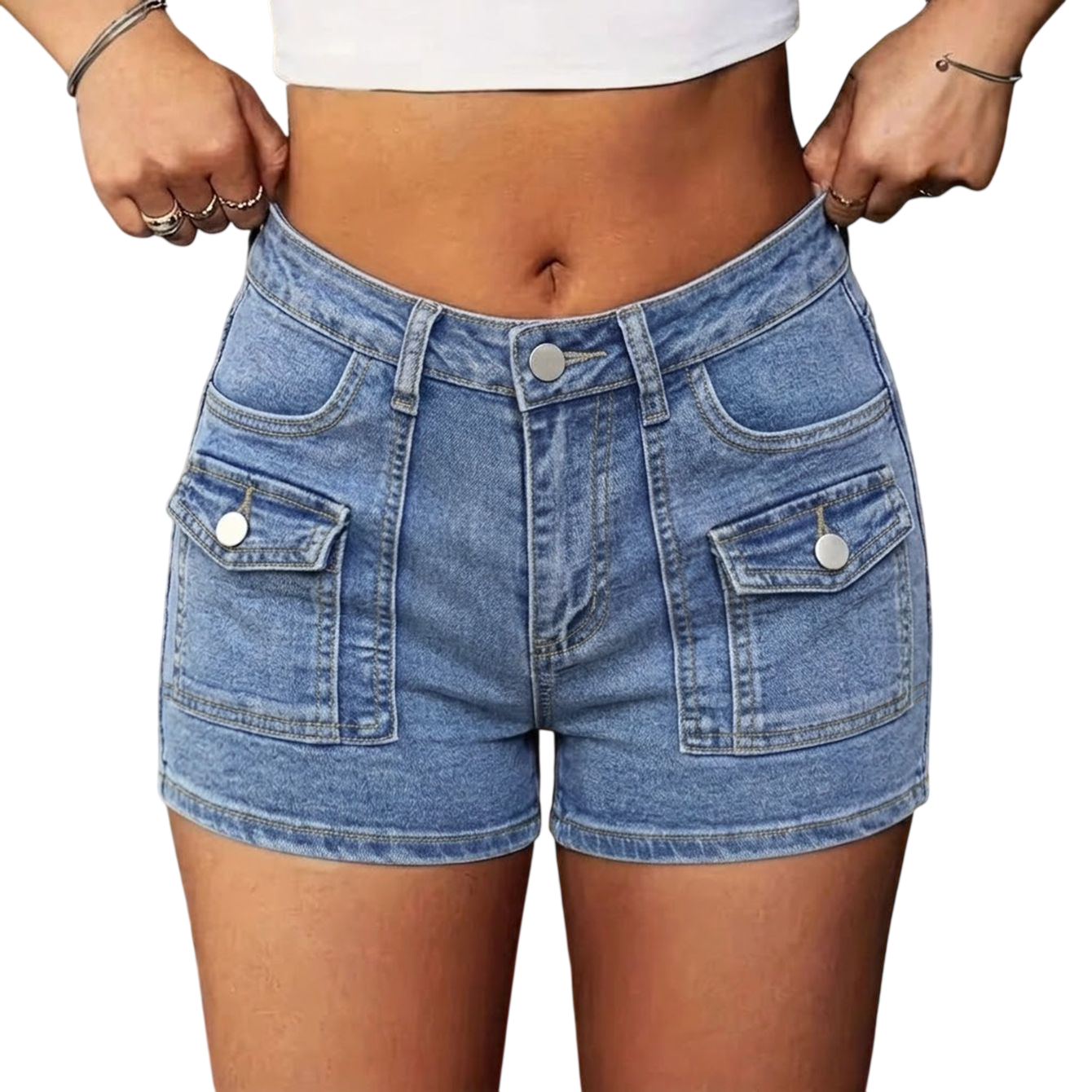 High-Waisted Black Denim Cargo Shorts with Flaps
