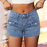 High-Waisted Black Denim Cargo Shorts with Flaps
