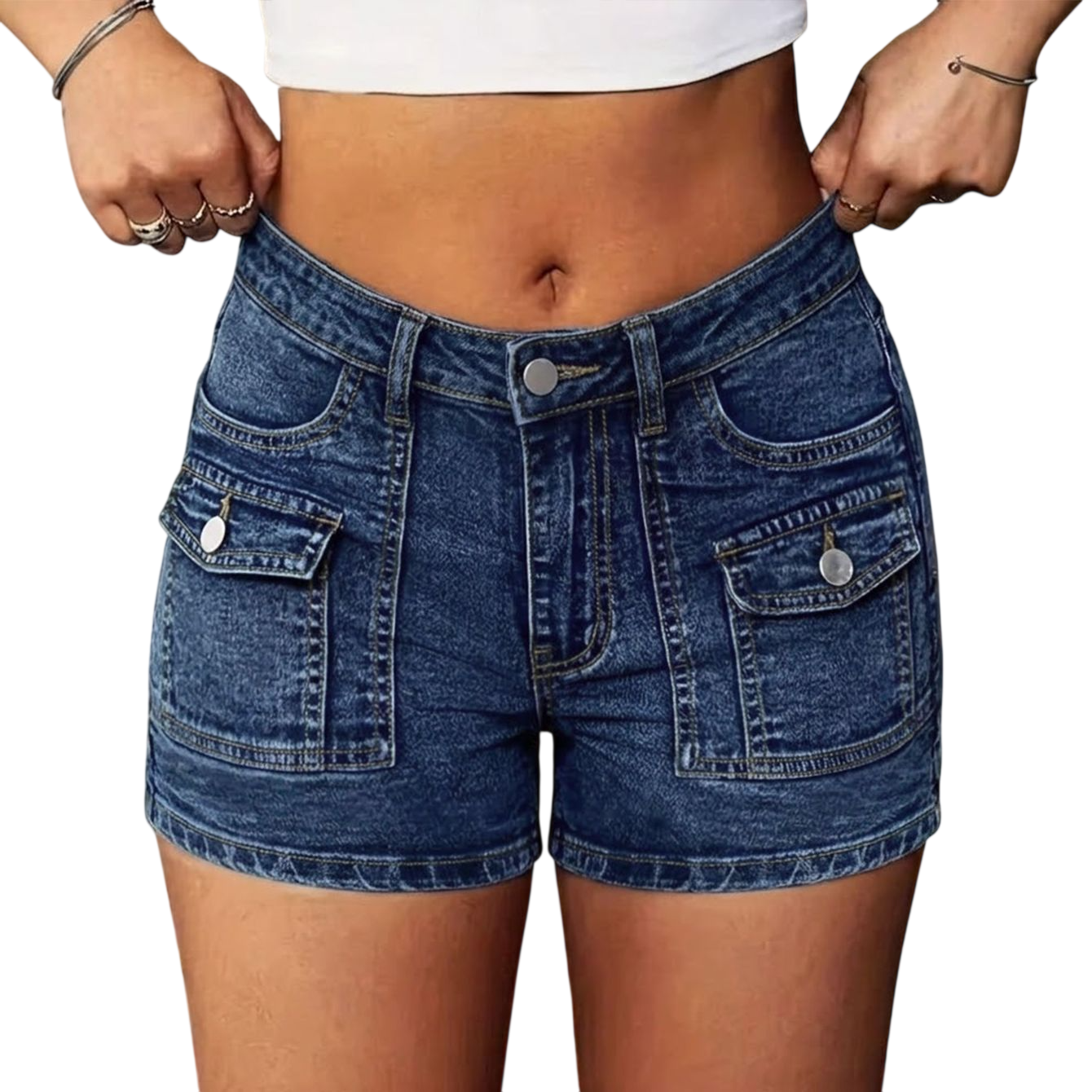 High-Waisted Black Denim Cargo Shorts with Flaps