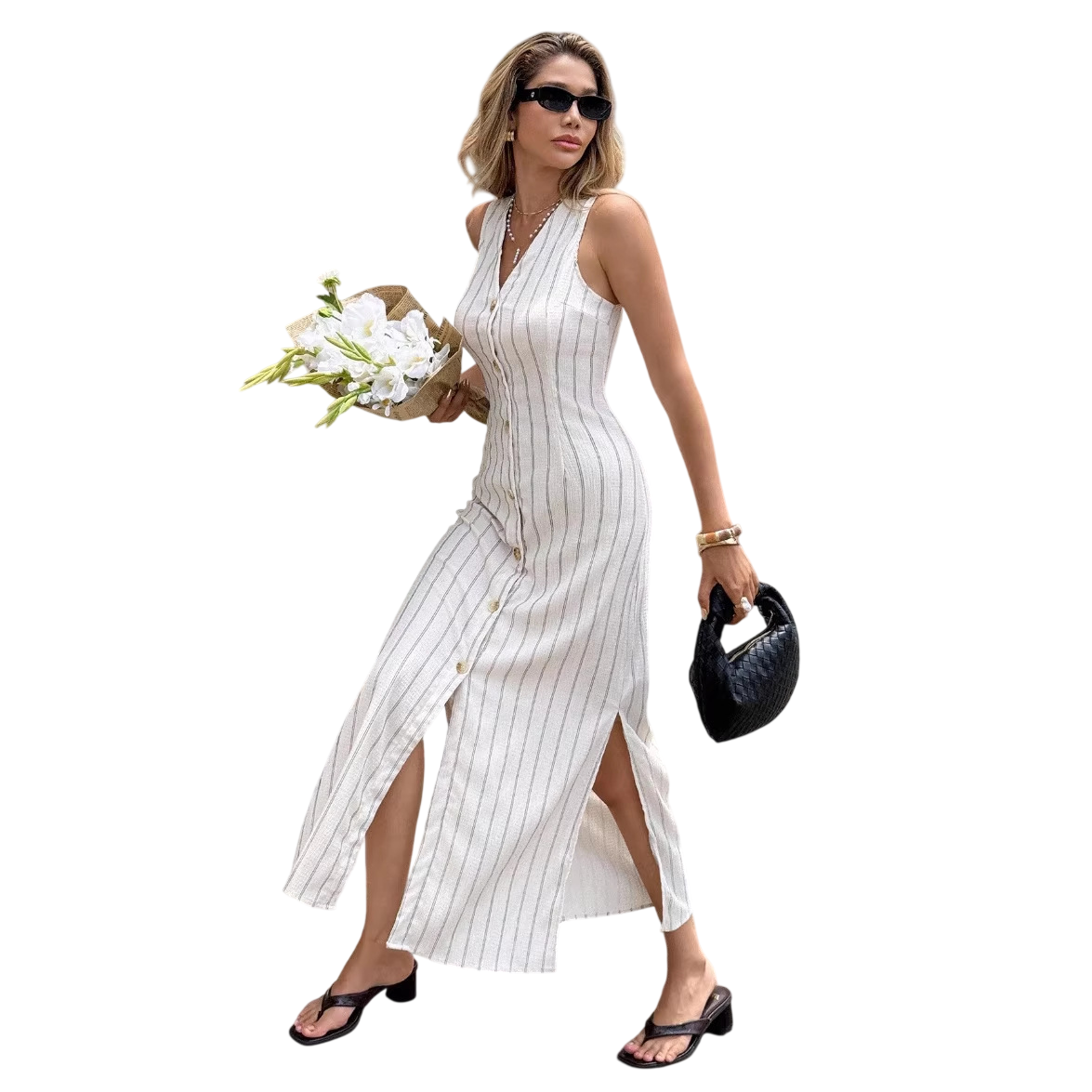  Sleeveless Striped Button-Down V-Neck Maxi Dress