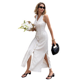  Sleeveless Striped Button-Down V-Neck Maxi Dress