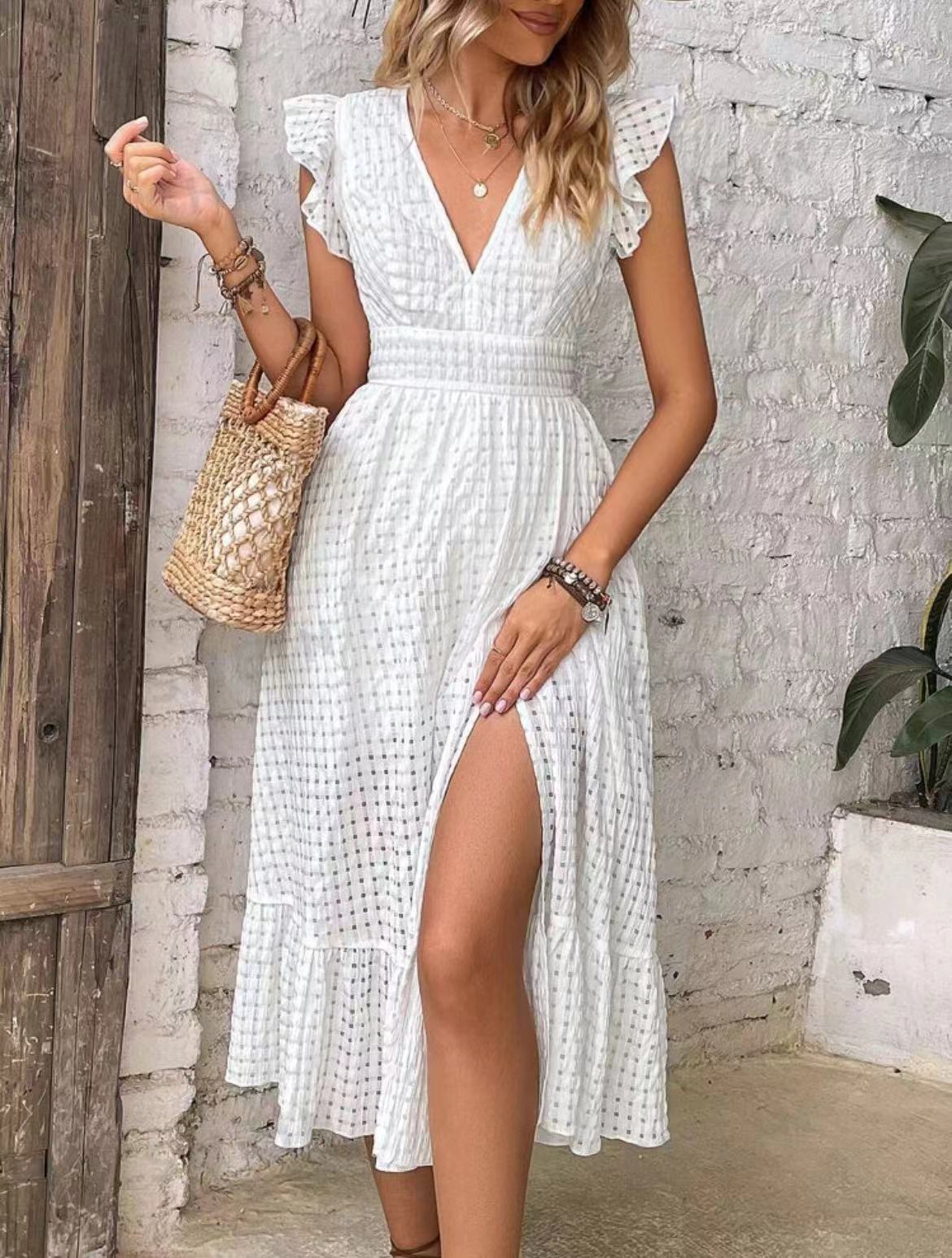 White Flutter Sleeve Textured Midi Dress with Slit