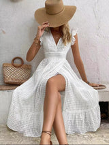 White Flutter Sleeve Textured Midi Dress with Slit