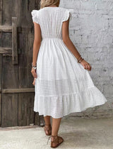 White Flutter Sleeve Textured Midi Dress with Slit