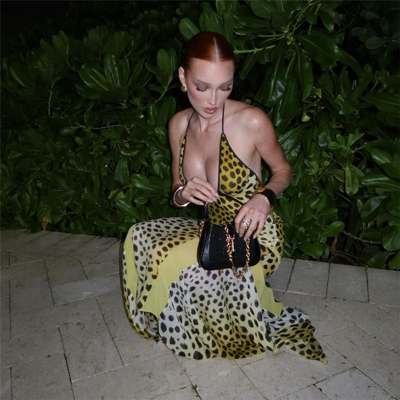 Leopard Halter Neck Backless Maxi Dress