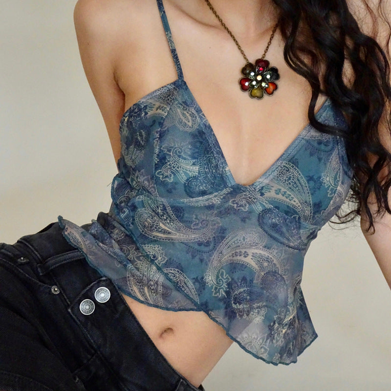 Blue Paisley Sheer Mesh Cami with Asymmetric Hem