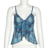 Blue Paisley Sheer Mesh Cami with Asymmetric Hem