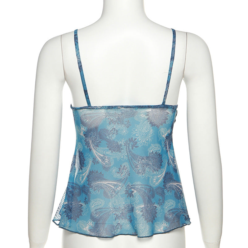 Blue Paisley Sheer Mesh Cami with Asymmetric Hem