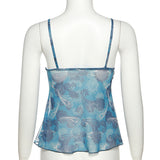 Blue Paisley Sheer Mesh Cami with Asymmetric Hem