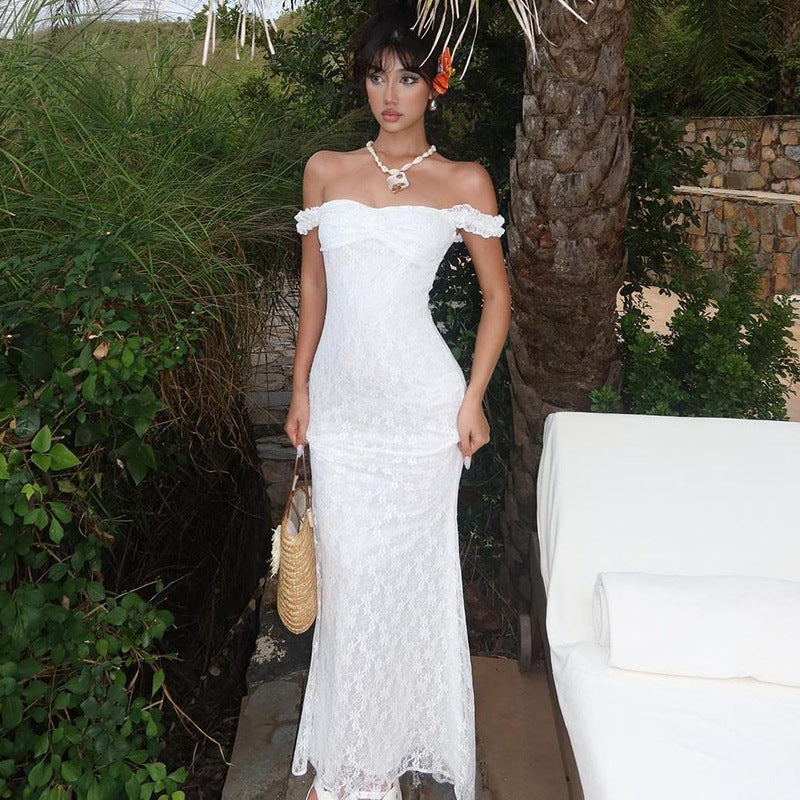 White Floral Lace Twist Ruffle Strap Maxi Dress