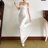 White Floral Lace Twist Ruffle Strap Maxi Dress