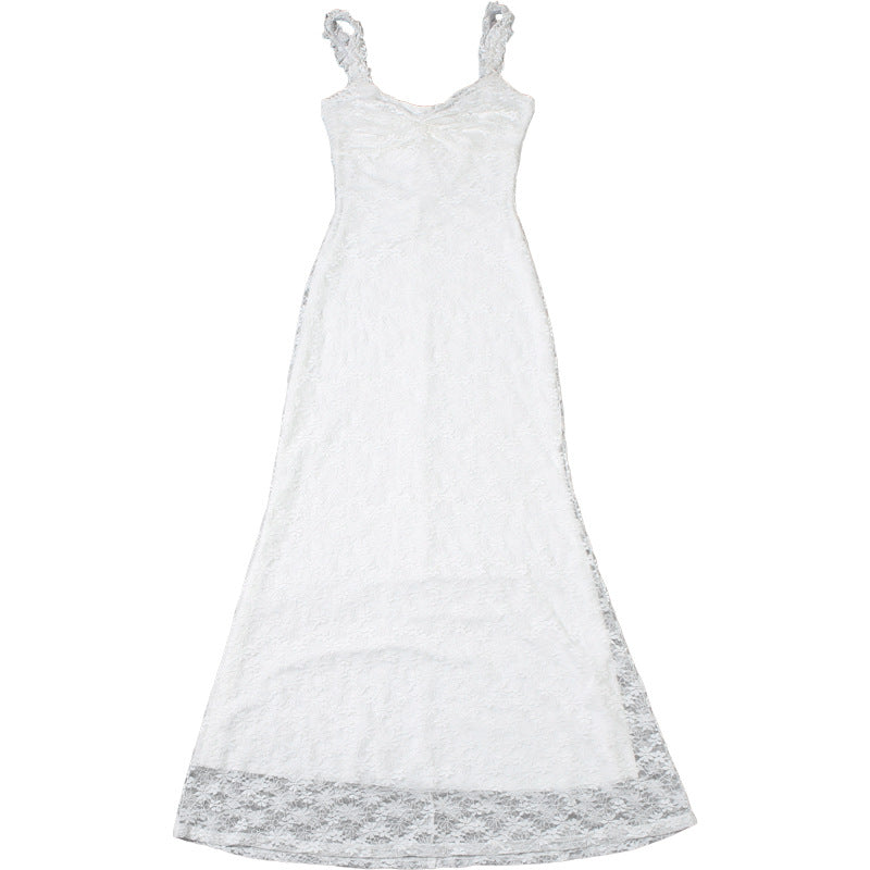 White Floral Lace Twist Ruffle Strap Maxi Dress