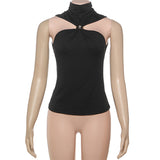 Black High-Neck Halter Top with Gold Ring Detail