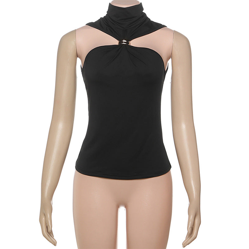 Black High-Neck Halter Top with Gold Ring Detail