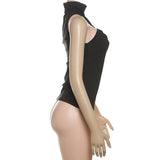 Black High-Neck Halter Top with Gold Ring Detail